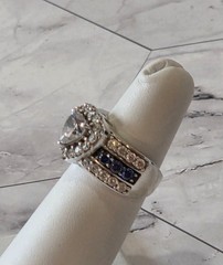 VINTAGE Blue & White CZ 925 Silver Always & Forever Bridal Wedding Ring sz 5