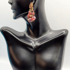 Burgundy Cranberry Copper Colored Multi Shape & Strand Bead Pierced Vtg Earrings