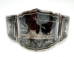 Vintage Sterling Silver & Enamel Bracelet From Siam 49.18 Grams