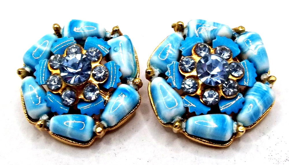 Vintage Signed Selro Selini Clip Earrings Blue Enamel Art Glass & Rhinestones