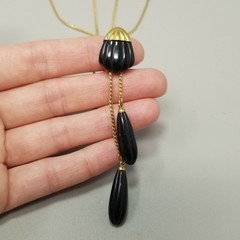 Vintage Trifari Black and Gold Tone Long Lariat Bolo Slide Chain Necklace