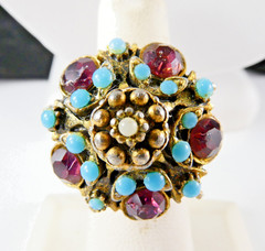 Vintage Rhinestone Cocktail Ring Adjustable Size 6 Faux Turquoise Amethyst Retro