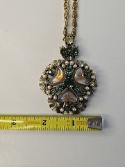 VTG Florenza Jeweled Gold Necklace Green Rhinestone Pearl Beauty Signed Italian