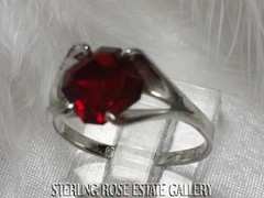 FOUR PRONG Sterling Silver 0.925 Estate RED GLASS SOLITAIRE BAND RING size 5.25