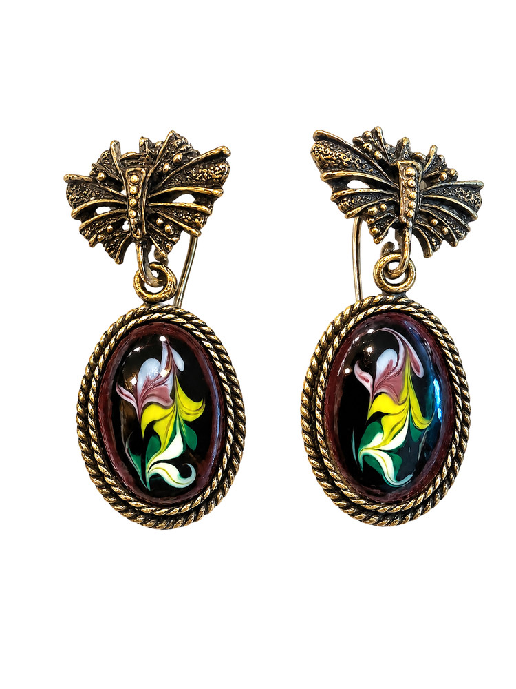 Vintage Porcelain Handpainted Ornate Enamel Earrings Russian Finift 1980’s 1″