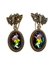 Vintage Porcelain Handpainted Ornate Enamel Earrings Russian Finift 1980’s 1″
