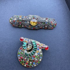 Vintage 1930s Art Deco Czech Rainbow Rhinestone Bar Brooch & Dress Clip Lot