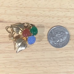 Vintage Gold Tone Multi Color Faux Glass Scarab Leaf Brooch Pin Red Green Blue