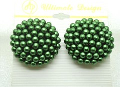 vintage dome round shape green Faux Pearl Bead Button Clip On handmade Earrings
