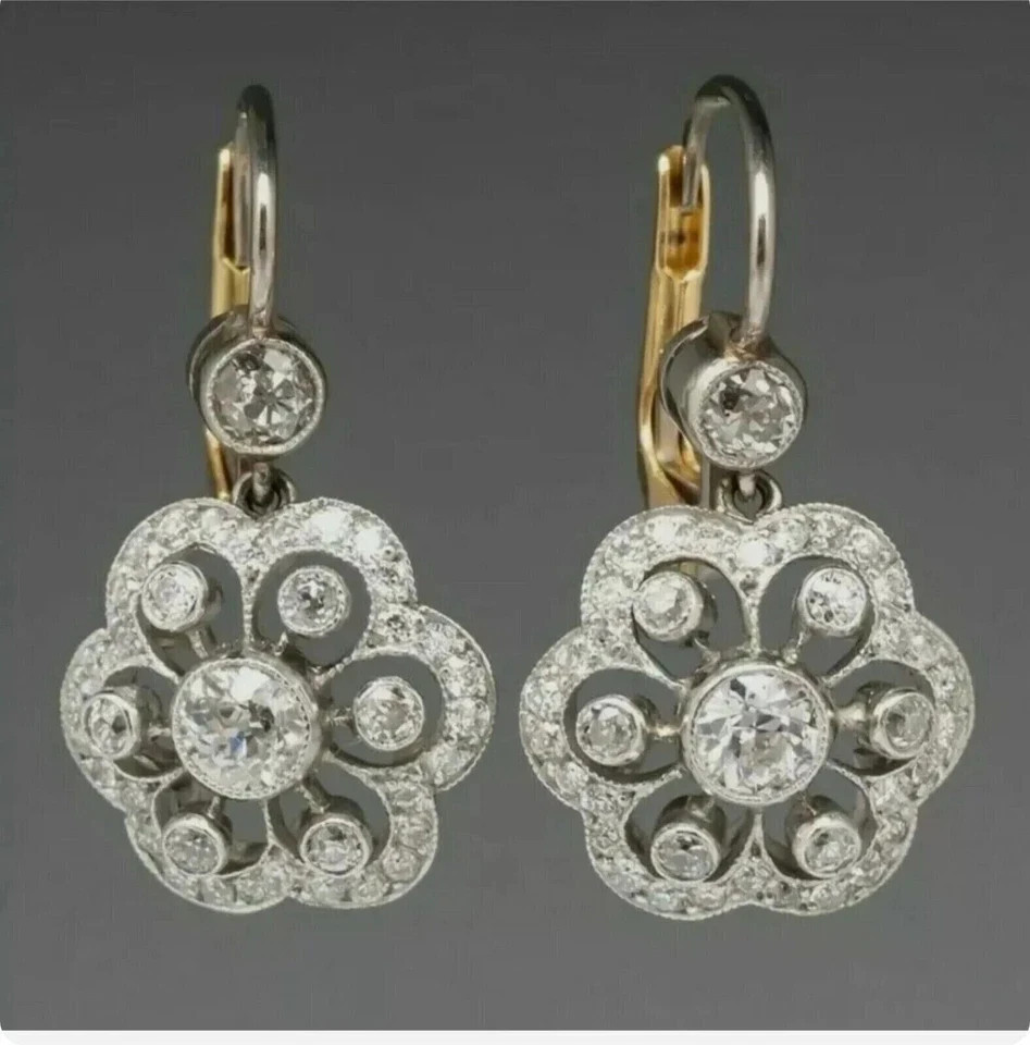 Art Deco Style Round Cut Lab-Created Diamond Wedding 14K Yellow Gold FN Earring