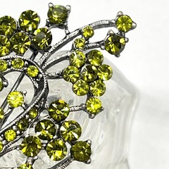 VTG Floral Spray Bow Pin Brooch Sparkling AB Peridot Green Crystal Rhinestones