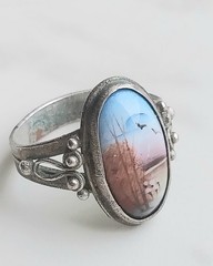 Vtg 1990s Genuine Russian Rostov Finift Enamel Winter Landscape Ring Earrings Se
