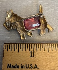 30s Vintage Scottie Dog Brooch Pot Metal Big Pink Glass Stone Signed Star S