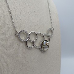 Owl AB Rhinestones Moonglow Cabochon Necklace Silver Tone Statement