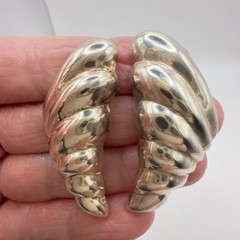 Vintage Sterling Silver Earrings Pierced Puffy Shell Modernist Style 1.75 In 80s