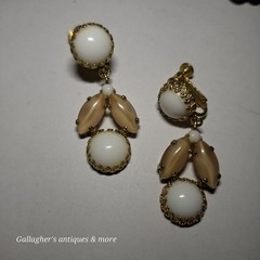 Pair of vintage white DANGLE DROP Clip on earrings maybe Trifari Or Schreiner