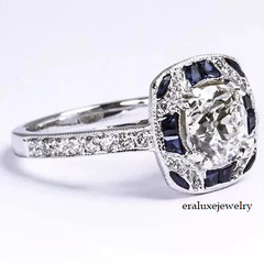 Art Deco Style Lab Created Diamond & Sapphire Engagement 14K White Gold FN Ring