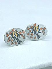 Vintage Damascene Stud Earrings Reed & Barton Silver Bird Maple Leaf .5″