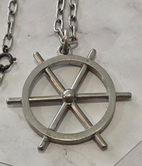 VINTAGE Chunky Modernist Logeskov Tin Denmark Ship’s Wheel Pendant Necklace 26in
