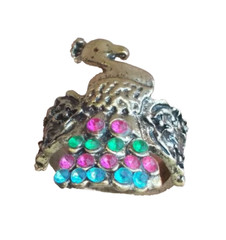 Peacock Ring w/Blue Iridescent Set-In Rhinestones Size 8 Silver Tone Vintage