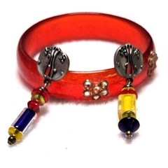 6 3/4″ Red Glass Bangle Bracelet & Red Yellow Blue Beaded Dangle Drop Earrings