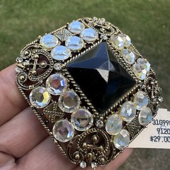 VTG Brooch Pin 2 Inch Black Glass Cab Clear Rhinestones Gold Tone Filigree NWT