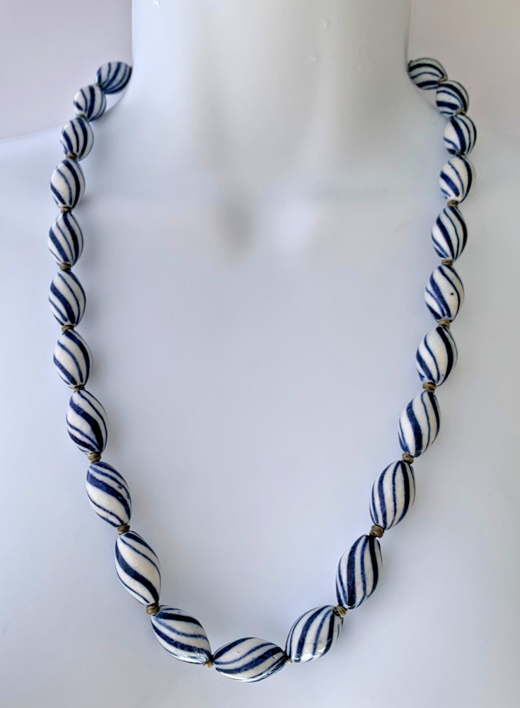 VTG Chinese Porcelain Blue White Stripes Oval Bead Necklace Hand-Knotted Silk
