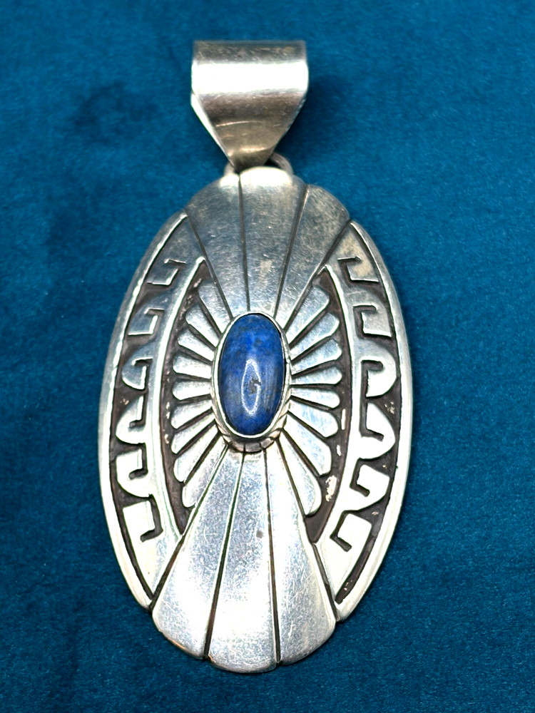Vintage Sterling Silver Lapis Lazuli Pendant Southwestern Style 3″