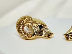 Pair KJL For Avon Gold Tone Green Eyed Ram Head Post Earrings