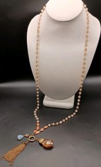Vintage Beaded Necklace Tassel Opalite & Crystal Charm Pendant Sparkle Long 39″