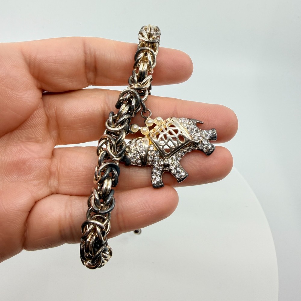 Crystal Elephant Pendant Bracelet Silver Tone Chain Boho Festival Layering Gift