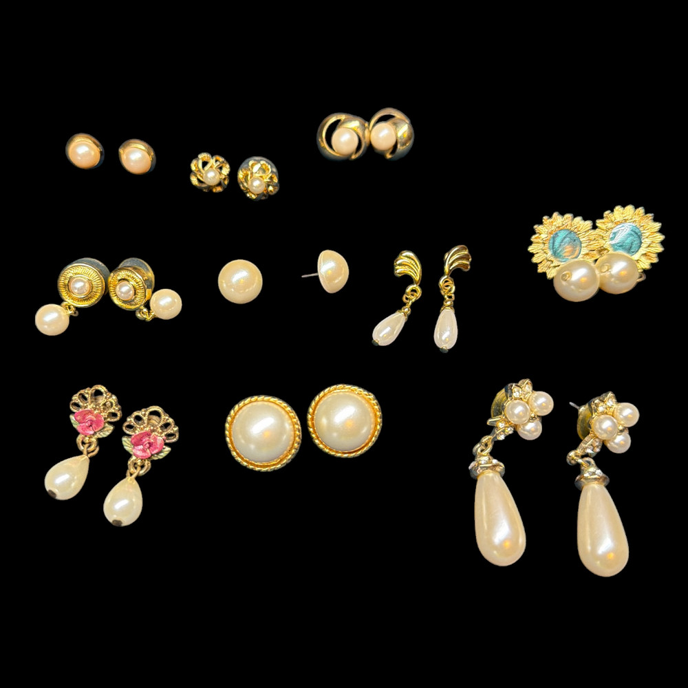 Pearl Earring Set of 10 Earrings Studs Dangles EUC – Most have backs
