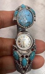 VTG Chateau Swiss Silver Tone Faux Turquoise Hidden Dial Bangle Bracelet Watch