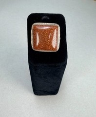 Vintage Silver Tone Goldstone Square Statement Ring Brown Cabochon Size 9