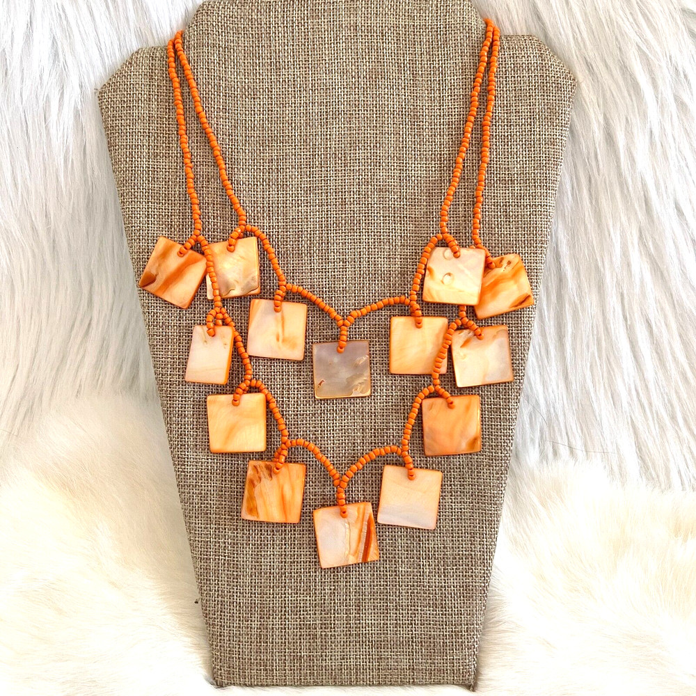 Vtg Geometric Necklace Mother of Pearl Orange Dyed Art to Wear Beachy Boho 13827