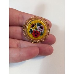 VTG Italian Micro mosiac brooch pin ornate filagree round yellow & floral marked