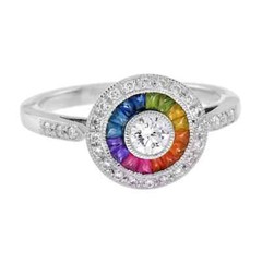 Art Deco Style Lab Created Rainbow Sapphire Diamond Ring 14K White Gold Finish