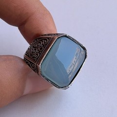 Ancient Vintage Victorian Sterling Silver Ring Engraved Aquamarine Stone Size9.5