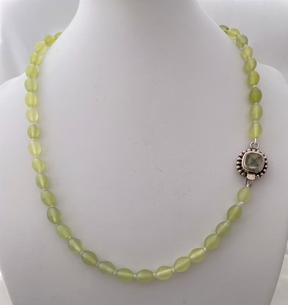 Vintage Green Prehnite Oval Bead Necklace Hand Knotted Sterling Clasp Prehnite