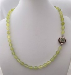 Vintage Green Prehnite Oval Bead Necklace Hand Knotted Sterling Clasp Prehnite