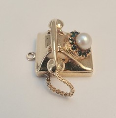 Antique telephone charm solid 14kt yellow gold with pearl and green emeralds