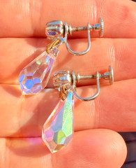 Vintage Aurora Borealis Crystal Drop Earrings Screw Back Faceted AB Glass