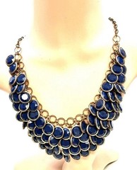 Vintage Blue Disc Gold Tone Brass Ring Layered Bib Collar Statement Necklace 19”
