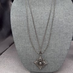 Vintage Celebrity Necklace Filigree Silver Tone Pendant Double Sided 31 Inches