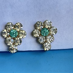Vintage Crystal Rhinestone Flower Screw Back Earrings Aqua Blue Gold Tone