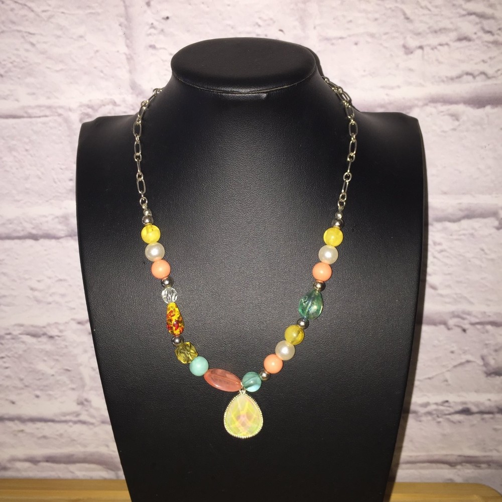Vintage Multi-Color Beaded Necklace Silver Tone Metal Acrylic Glass Beads Boho