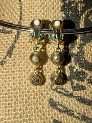 Vintage turquoise cabochon with blue crystals dangle drop clip-on earrings