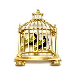 Gold Tone Bird Cage With 2 Colorful Birds Brooch