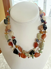 Lot of 2 Vintage Beggars Bead Necklace Polished Stone Multicolor 16 inch Barrel