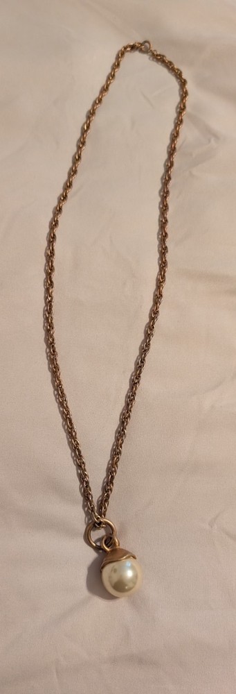 Vintage Long Gold Tone Chain, Drop Faux Pearl Pendant
